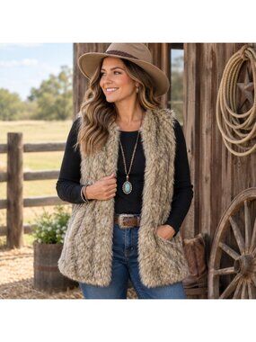 Brown Faux Fur Vest Womens L Black Sweater Knit Back Boho Western Open Front